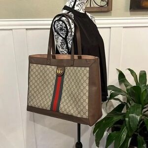 Brown and Beige Tote Bag with Red and Green Stripe